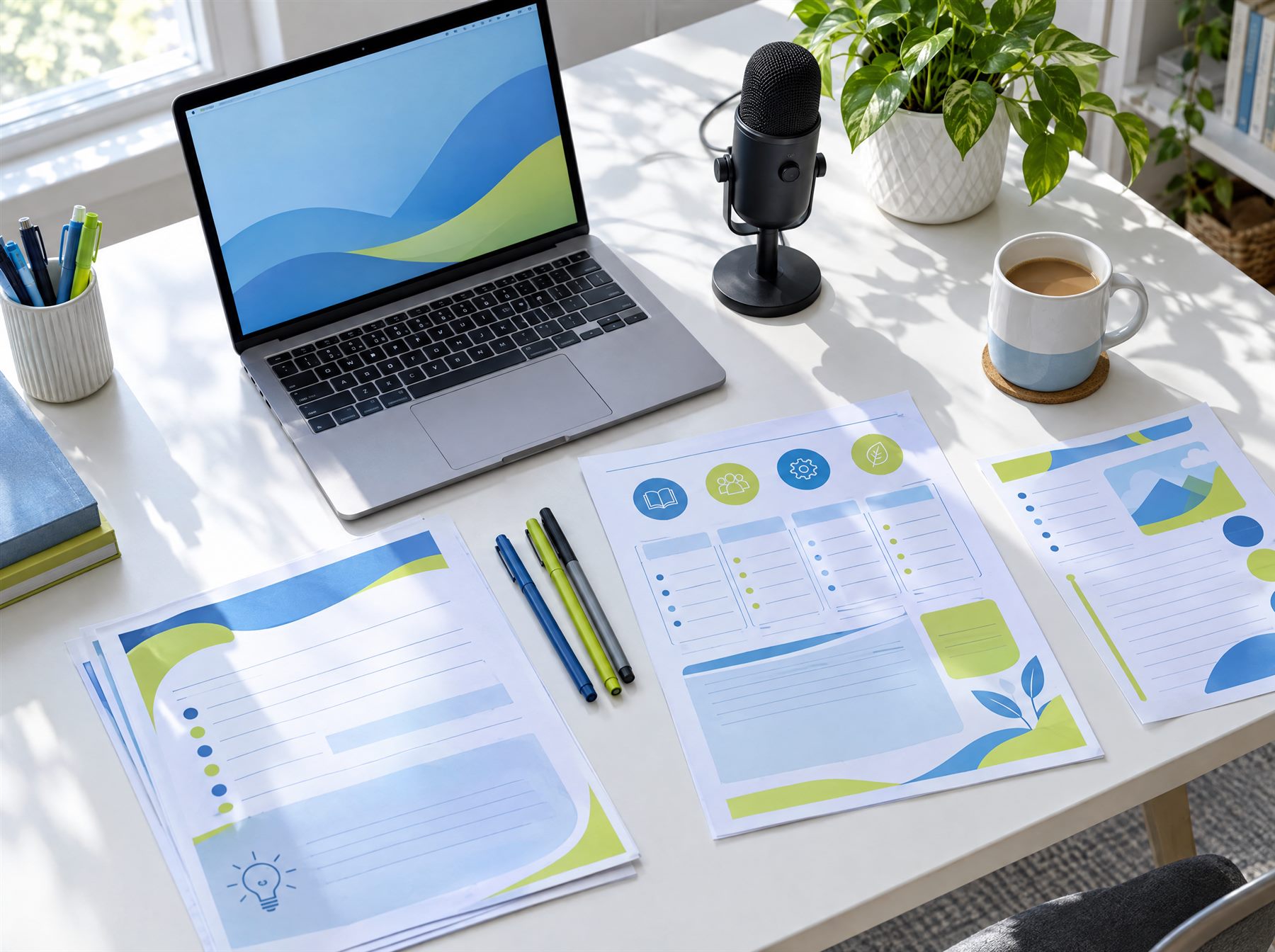 A teacher's desk with laptop, microphone and printed lesson worksheets